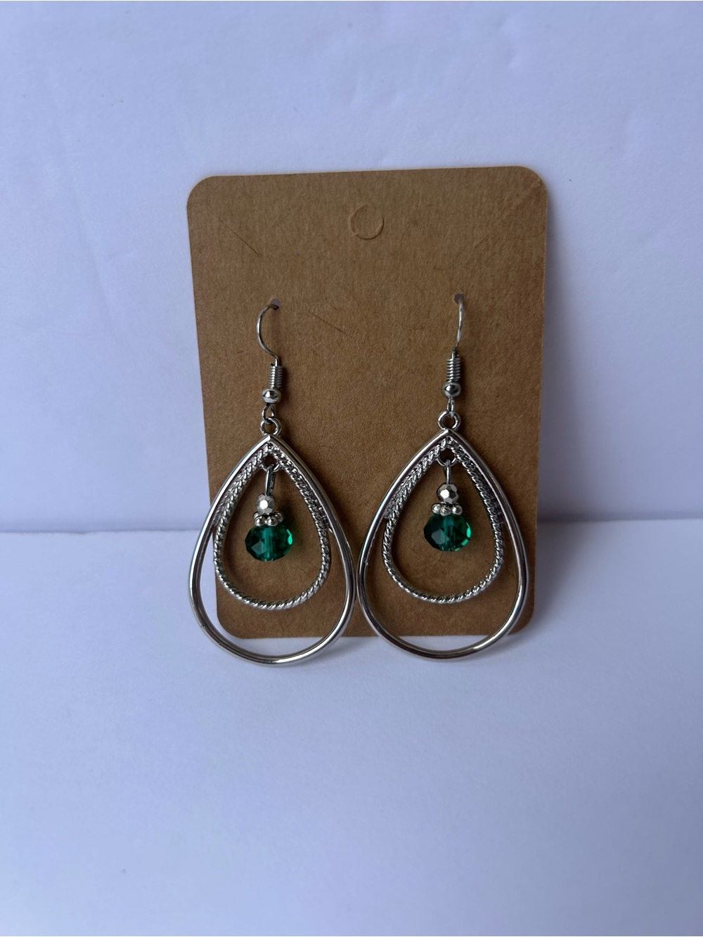 Silver Teardrop Dangle Earrings with Emerald Green Crystal